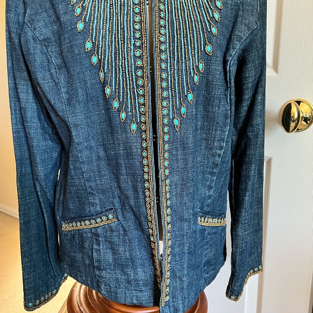 Chico’s Dark Blue Denim Jacket with Turquoise Accents - Picture 7 of 7